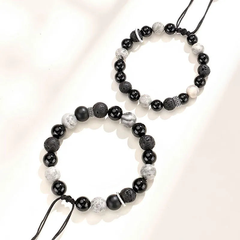 Black agate map stone volcanic bracelet with diamond shape and electroplated finish, showing men's 10mm and women's 8mm sizes.