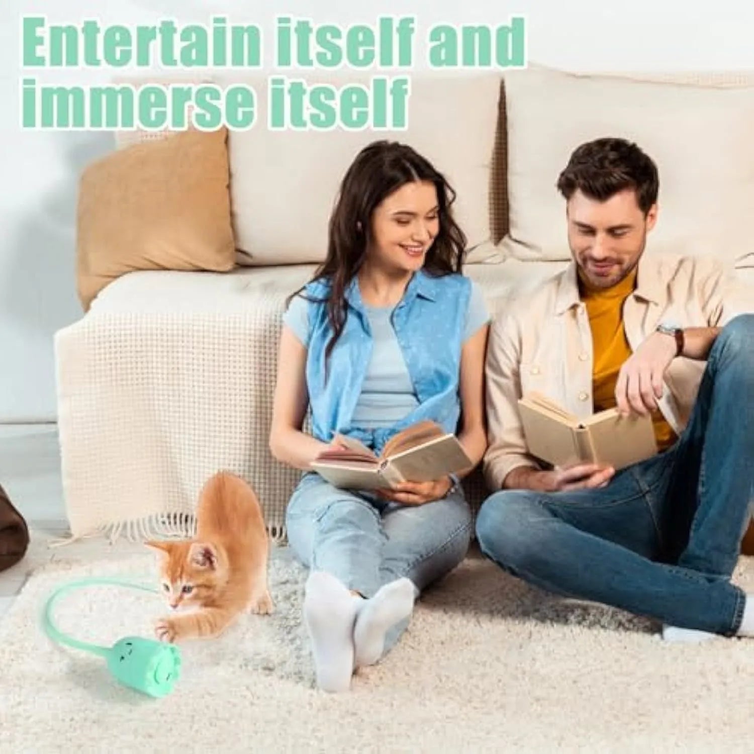 Green automatic cat wand toy with swinging silicone tail on floor for indoor cat play