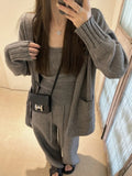 Women's knit cardigan suspender pants three-piece set in loose Japanese Korean casual style