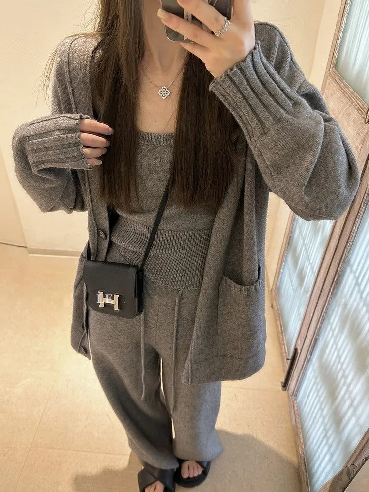 Women's knit cardigan suspender pants three-piece set in loose Japanese Korean casual style