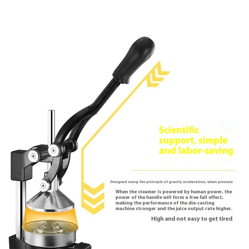 Black and white manual citrus juicer with cast iron base and stainless steel funnel