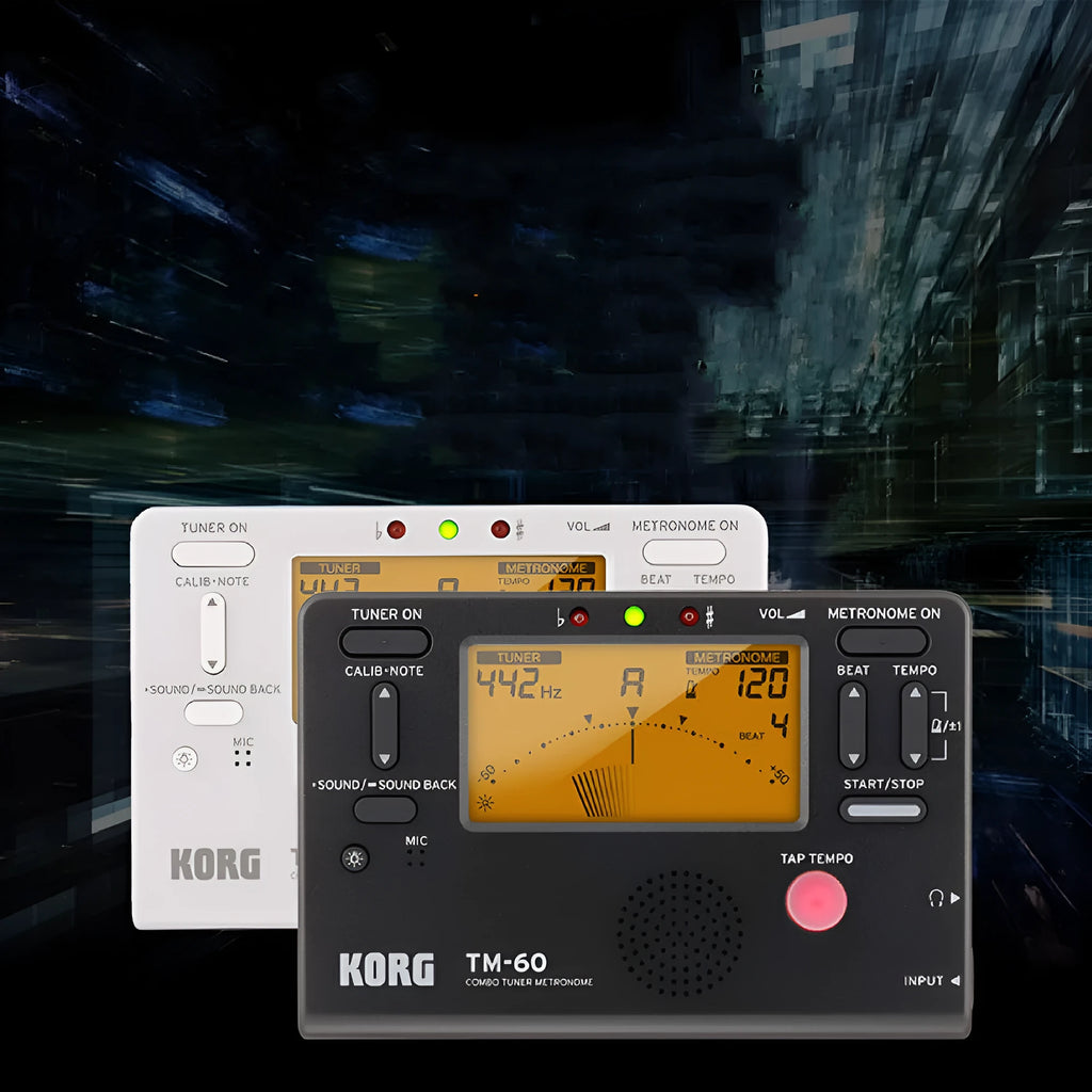 TM-60 model tuner and metronome device with plastic shell in black or white colour options