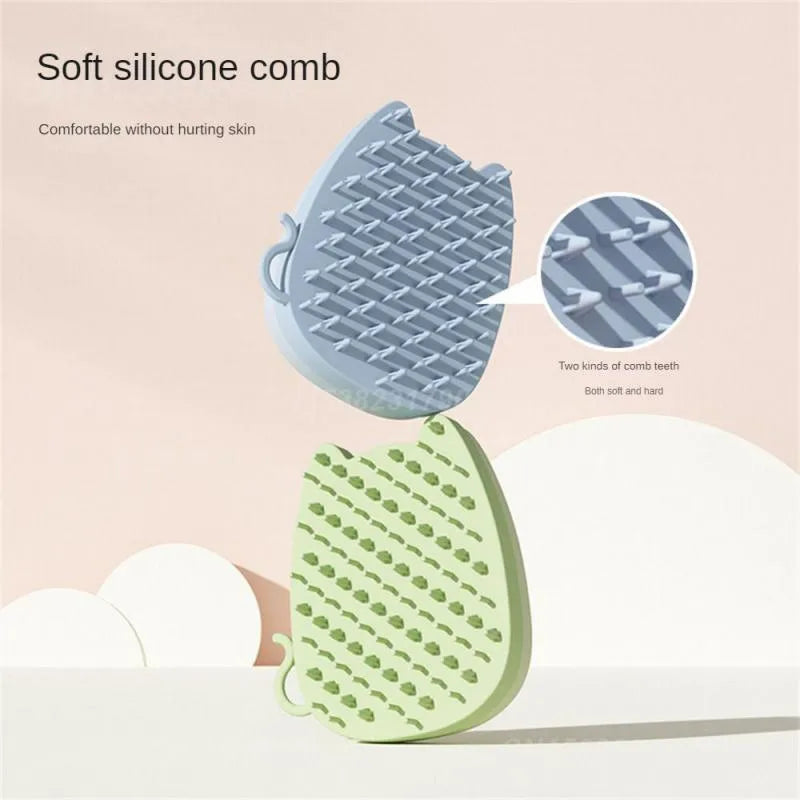 Blue silicone pet grooming comb with dual hardness bristles for cats and dogs