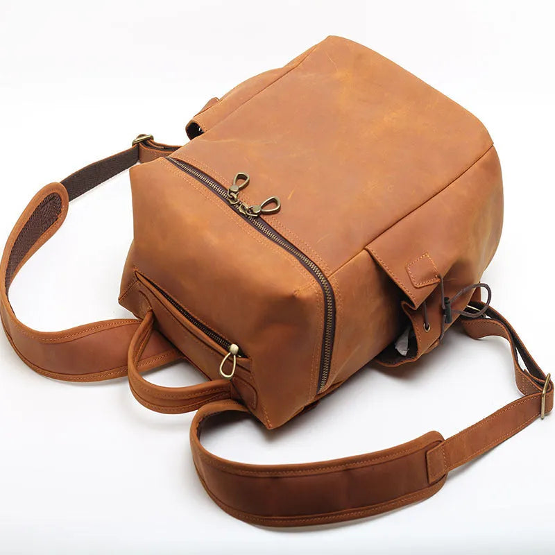 Classic retro Crazy Horse leather backpack in black with anti-theft multi-compartment design