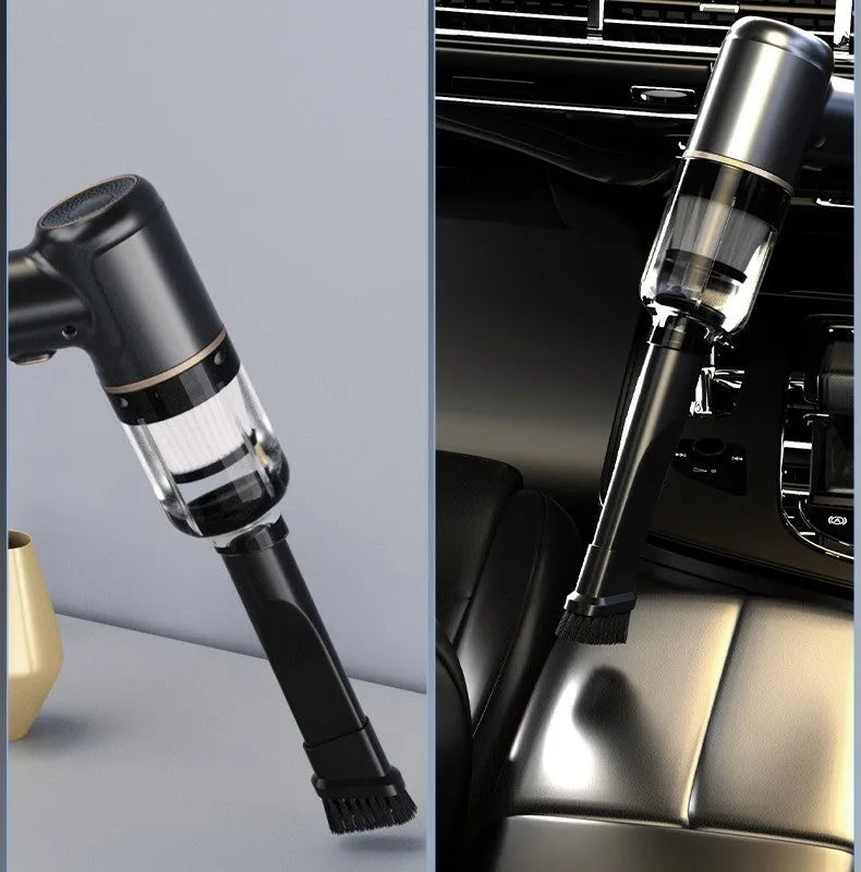 Black wireless handheld car vacuum cleaner with inflation function and multiple nozzle attachments