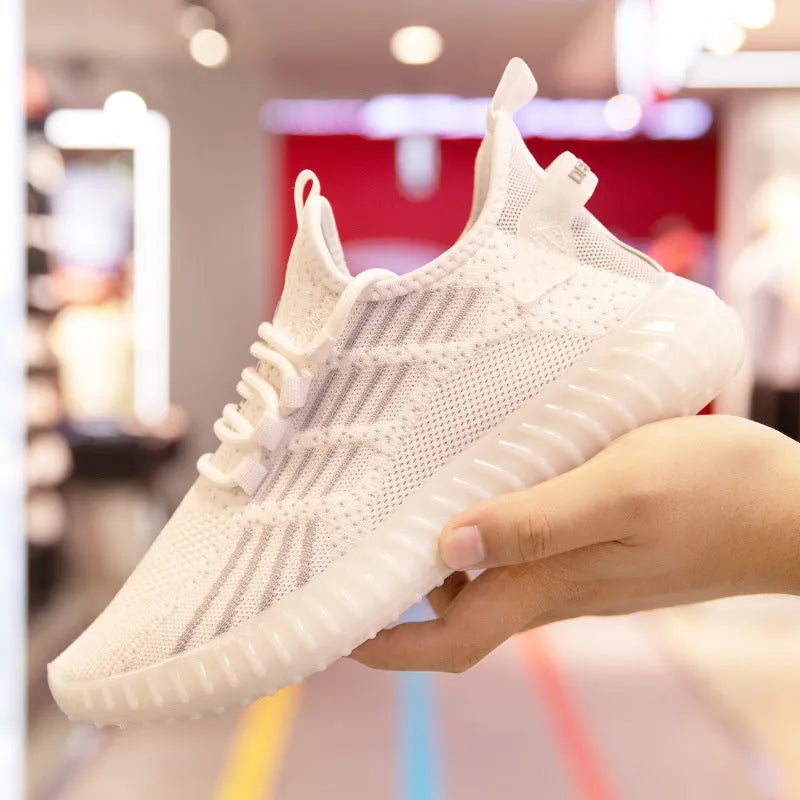 Men's breathable flying fabric sports shoes in white with mesh inner lining and platform heel