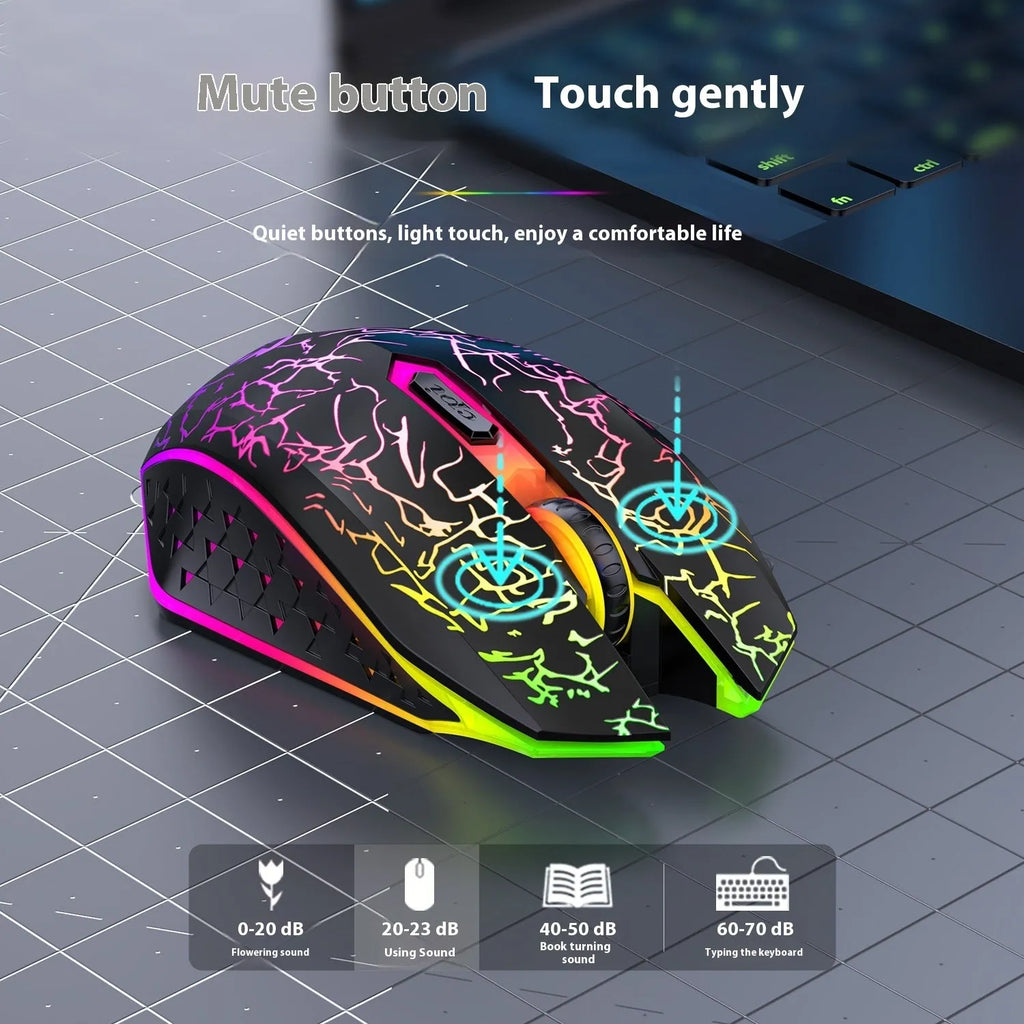 Black or white wireless gaming mouse with breathing light, 2.4G Bluetooth dual-mode, silent click, rechargeable, 132x72.3x42mm dimensions