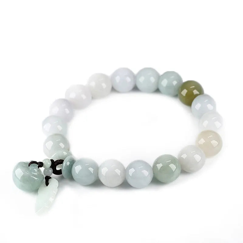 Natural emerald jade bracelet with hanging Maitreya Buddha charm and geometric design