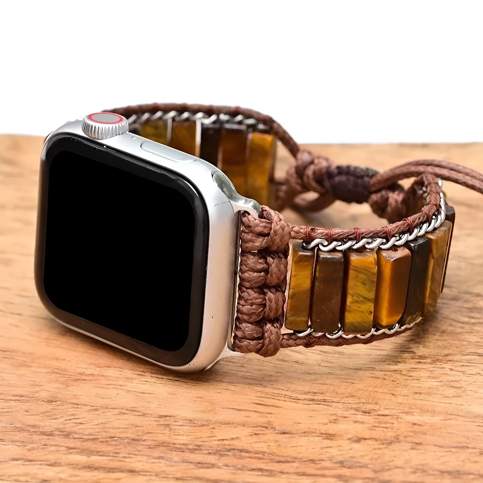 Rectangular tiger eye stone chain men's watch strap bracelet on textile band with adjustable clasp