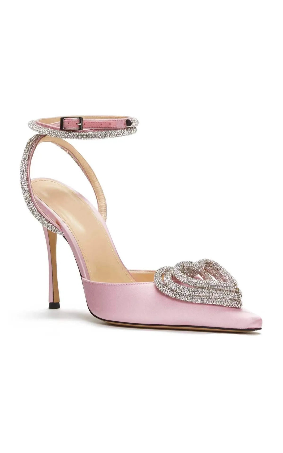 Women's pink satin sandals with a heart-shaped rhinestone and adjustable ankle straps.