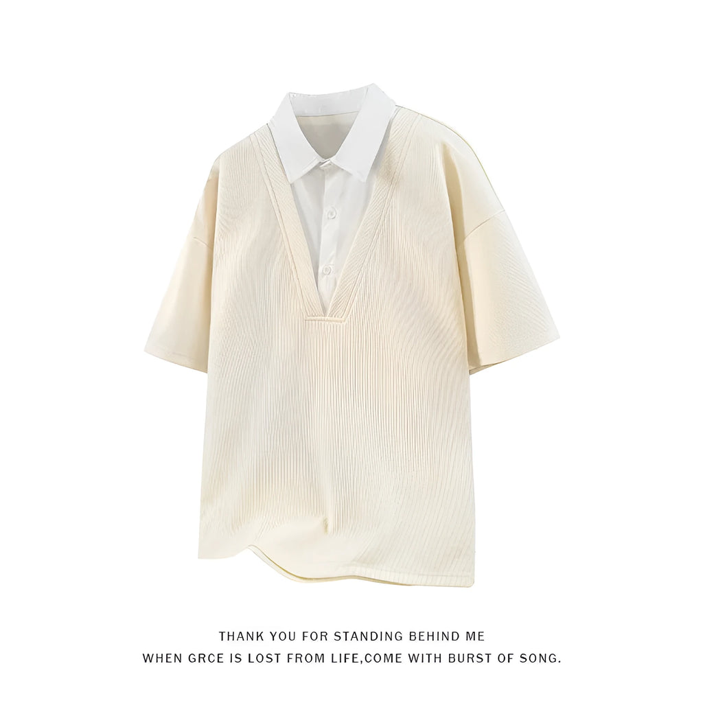 Men's heavy henley collar polo shirt sweater with short sleeves in apricot colour