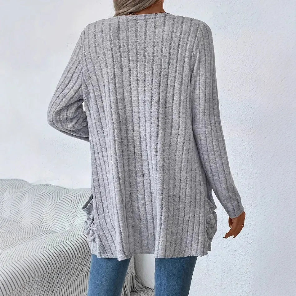 Loose fit solid colour long sleeve cardigan in granny grey with pocket styling and regular sleeves