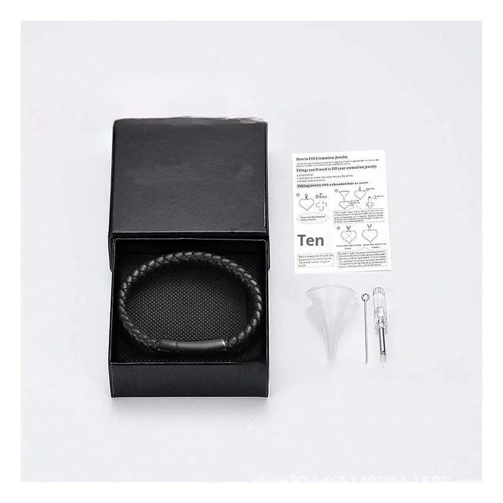 Black leather casket pendant on a woven stainless steel bracelet for personalisation.