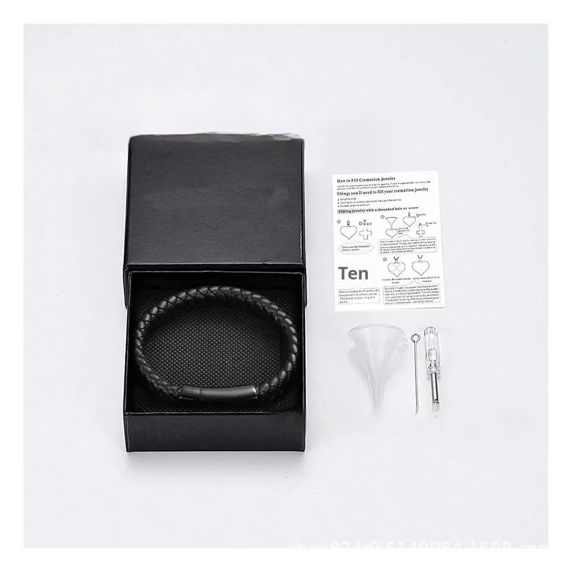 Black leather casket pendant on a woven stainless steel bracelet for personalisation.