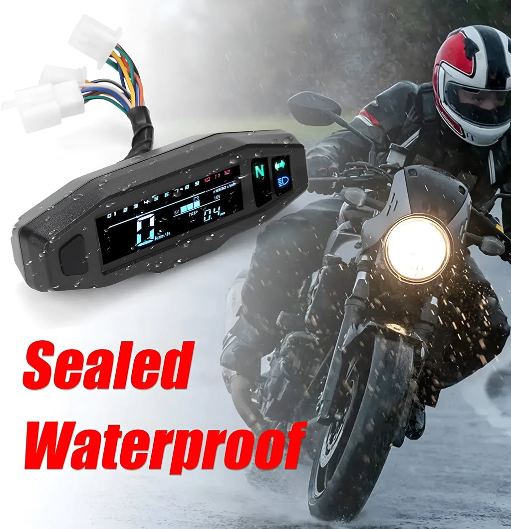 Black motorcycle mini speedometer with LCD display showing oil gauge and instrument readings