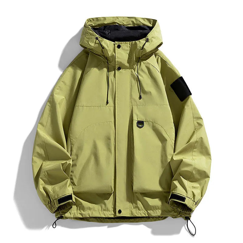 Men's hooded windproof waterproof jacket in black, ginger yellow, or purple, regular length with long sleeves.