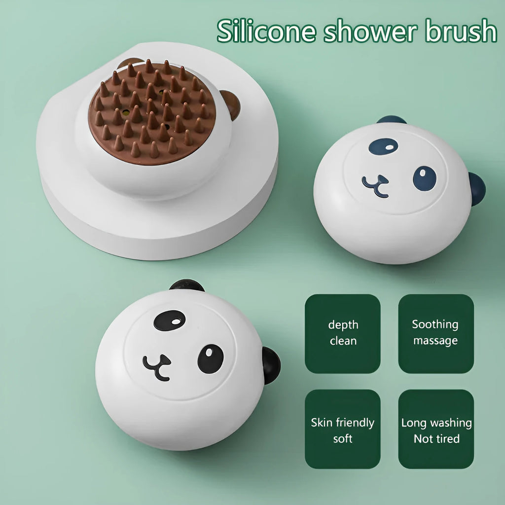 Panda silicone pet shower brush with integrated handle and soft bristles for bathing cats and dogs