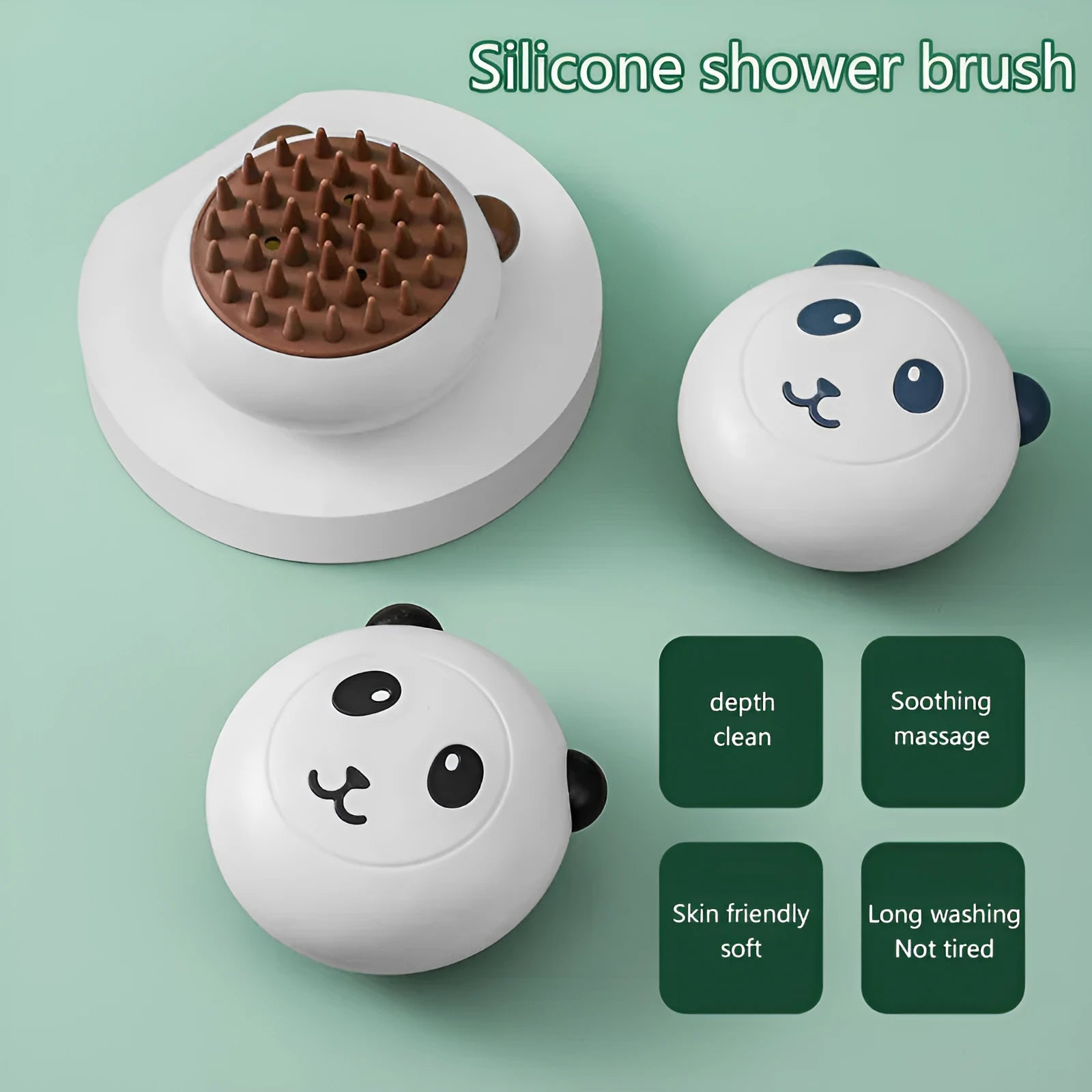 Panda silicone pet shower brush with integrated handle and soft bristles for bathing cats and dogs
