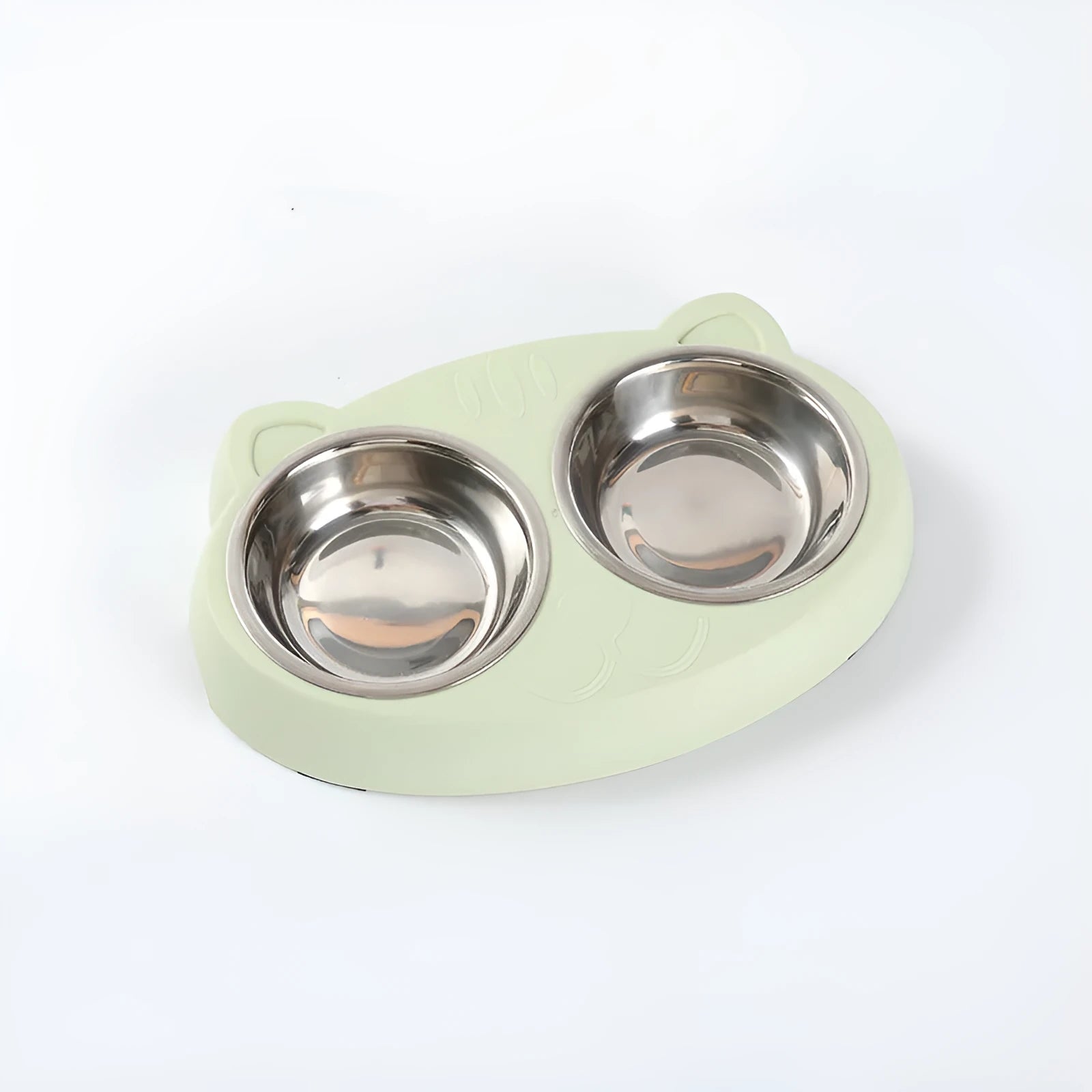 Blue macaron-shaped plastic pet feeder with two separate bowls for food and water.