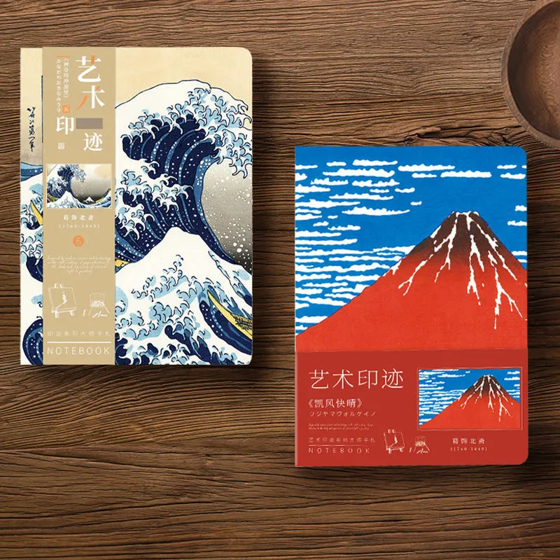 Ukiyo-e series hand ledger notebook showing retro Japanese art cover, open to reveal Daolin paper pages