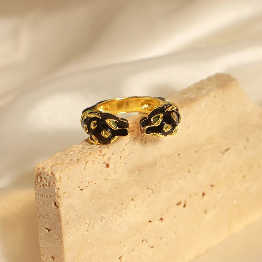 Women's geometric open ring with black cheetah drip pattern on copper, size no.7