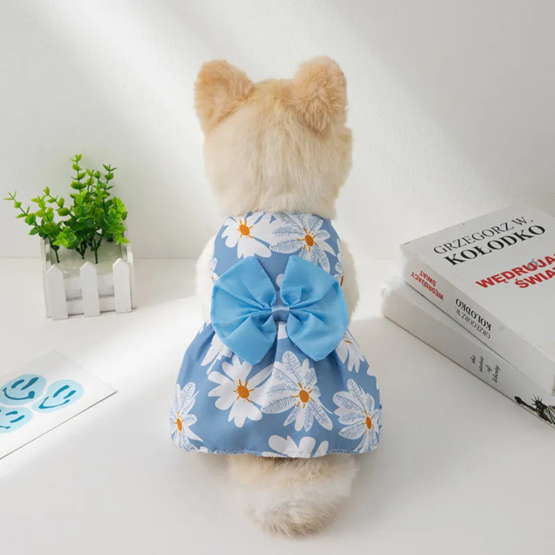 Ultra-thin floral butterfly knot princess dress for a dog or cat, with a decorative bow, on a white background.
