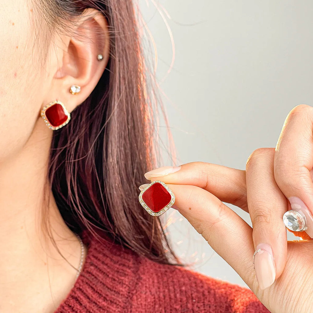 Red geometric square alloy earrings with seiko treatment for women