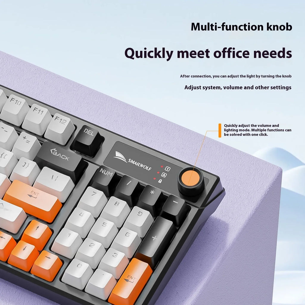SK15 wired mechanical keyboard with central control knob in Autumn Water Blue colour on a desk.