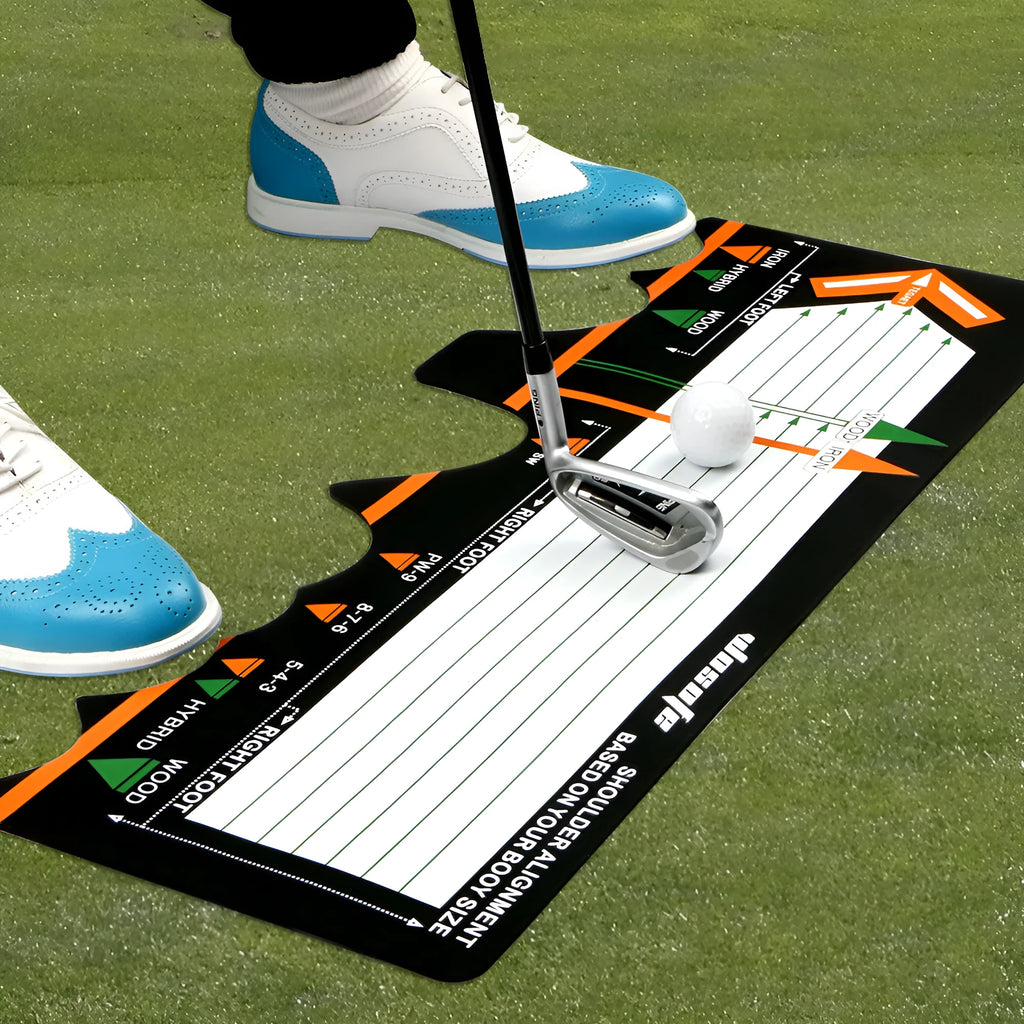 Black neoprene golf swing stance auxiliary pad for alignment and posture training