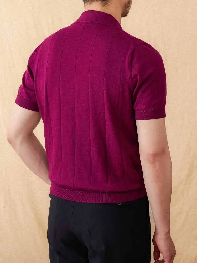 Men's purple cotton linen blend short sleeve polo shirt with seagull collar and sunken stripe knit pattern