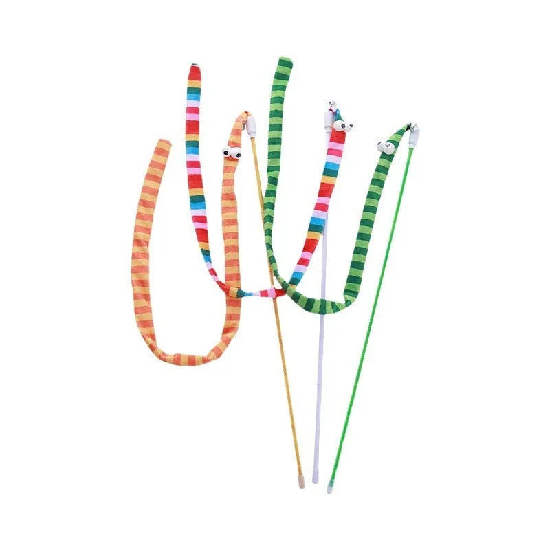 Cat wand toy with polycarbonate pole and long plush strip in green, orange, or rainbow