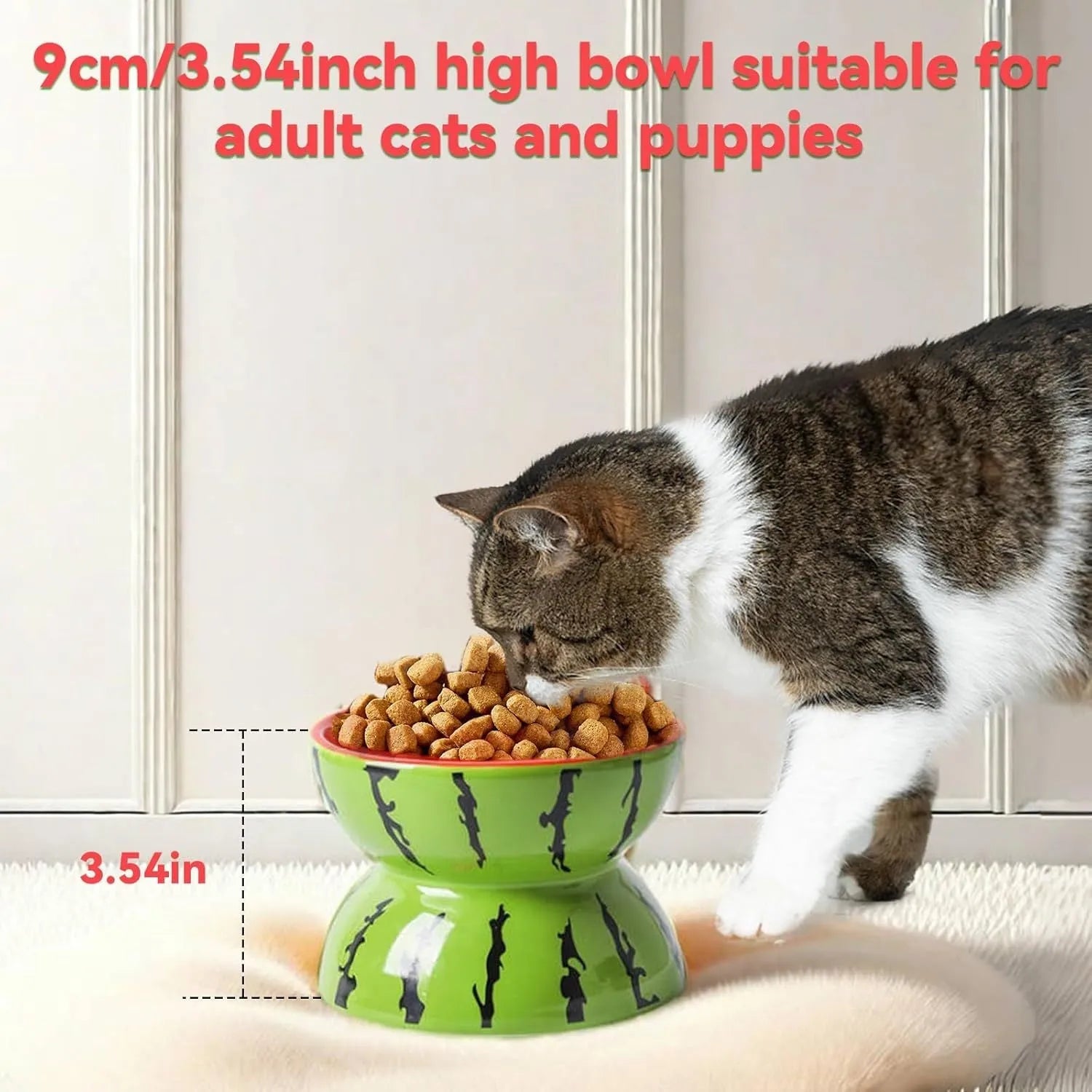 Orange ceramic raised cat bowl with tilted design and non-slip base on a table.