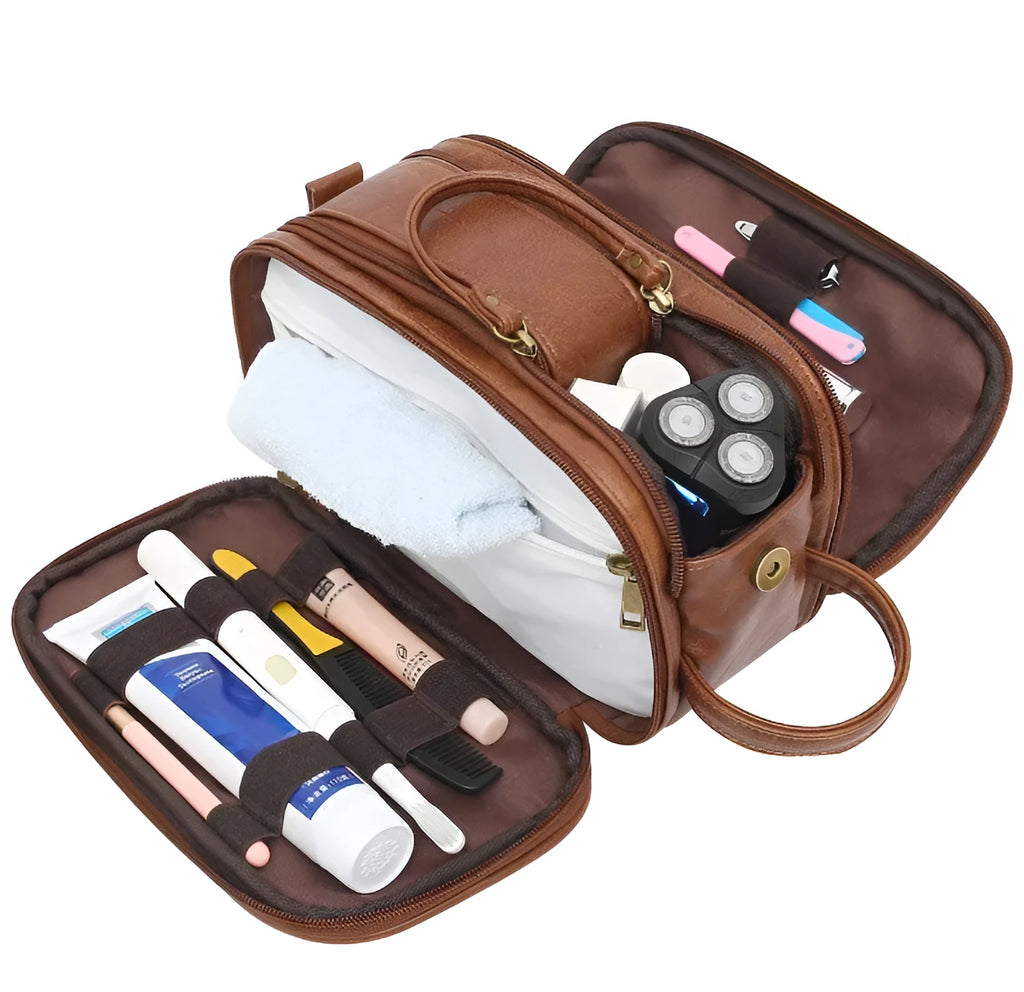 Men's black and brown PU toiletry bag for travel cosmetic storage