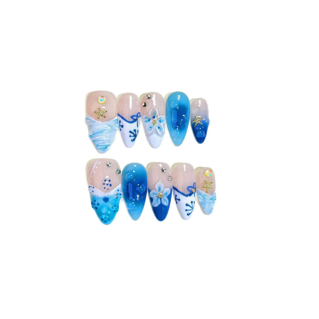 Blue hand-painted carved summer ice transparent fake nails plastic wearable armour sizes XS S M L