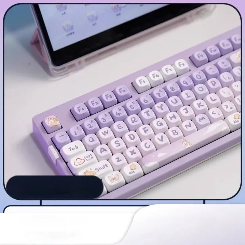 Set of gradient purple PBT keycaps with colourful Coeco rabbit artwork for mechanical keyboards.