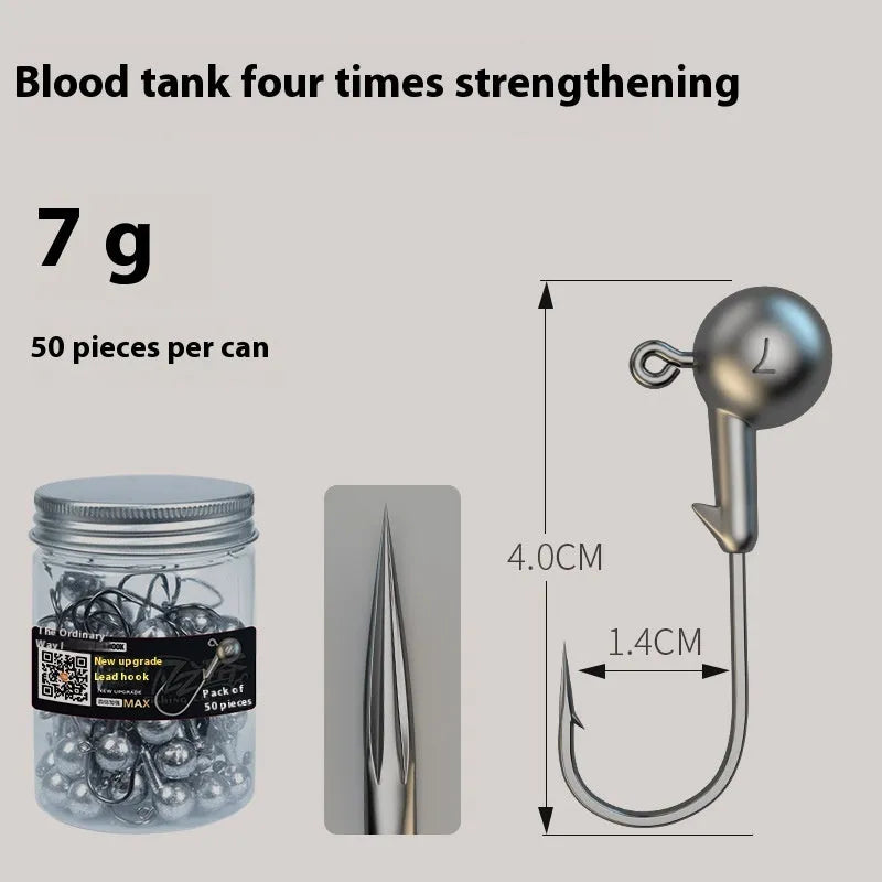 Pack of 50 enhanced jig fishing hooks with lead heads and blood trough design in 7G size