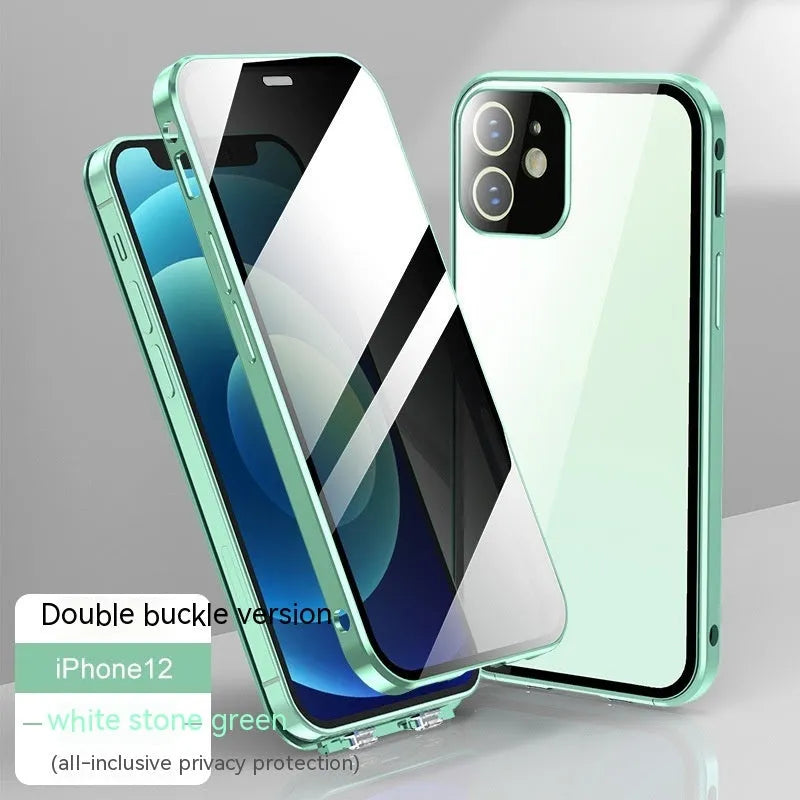 Glass privacy phone case with a double-sided buckle shown in multiple colours for iPhone models.