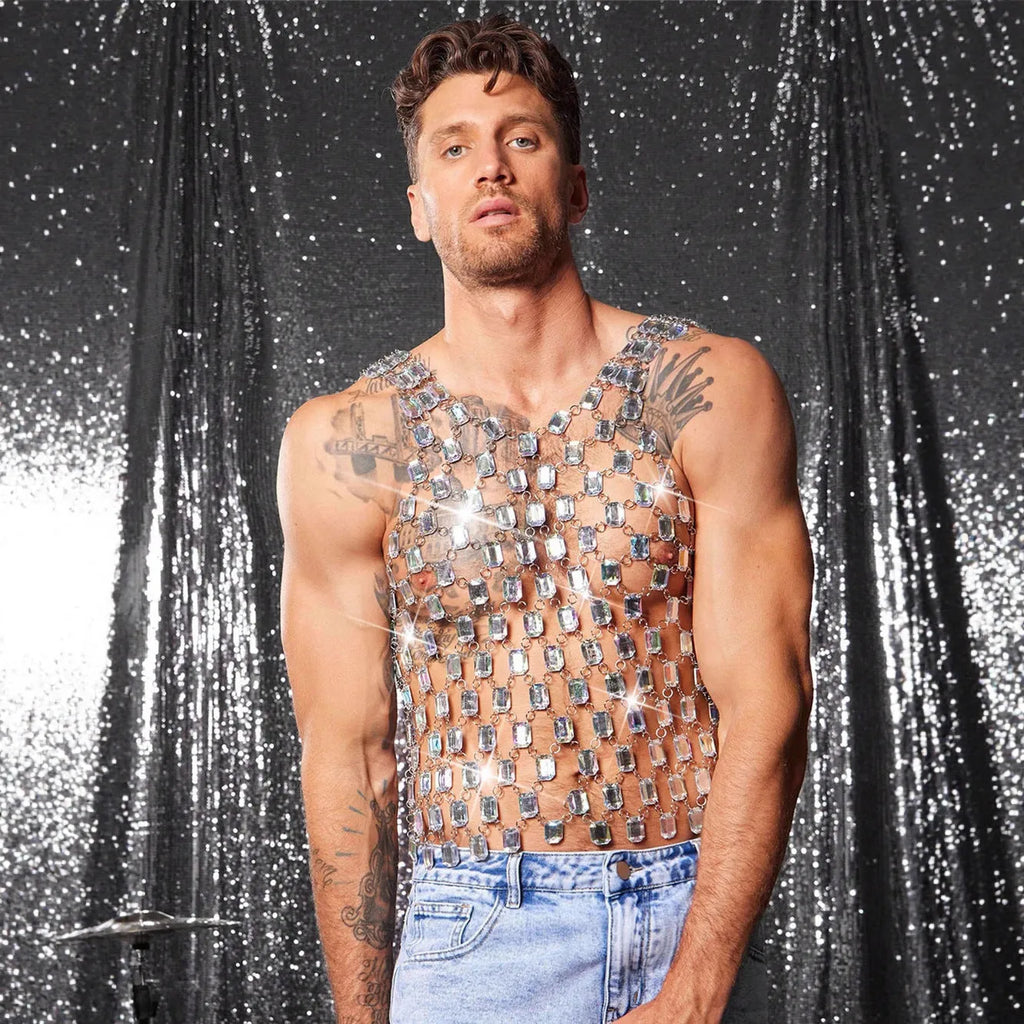 Heavy metal style gem vest top in transparent AB colour with strapless no-back cut, slim fit, and matching alloy body chain
