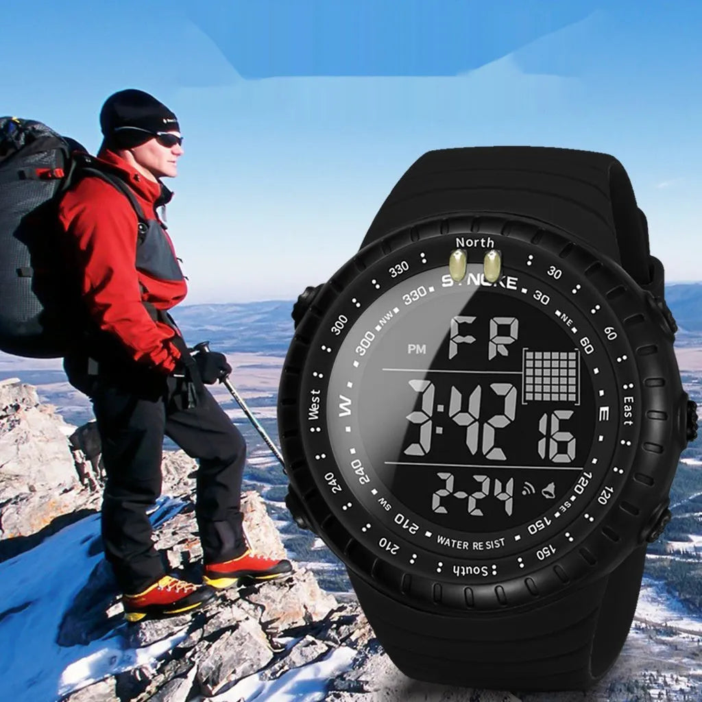 Black men's outdoor electronic watch with large dial and adjustable PU strap