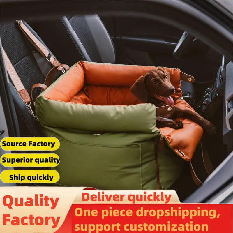 Green waterproof PU leather dog car nest with removable cushion, dimensions 55x50x45 cm.