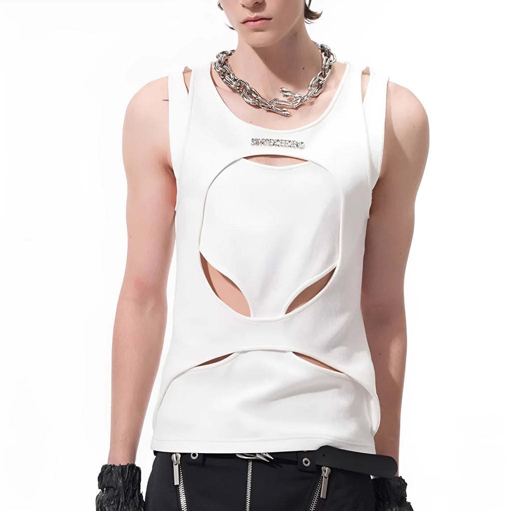 Men's black sleeveless waistcoat vest with hollow knit summer cooling design
