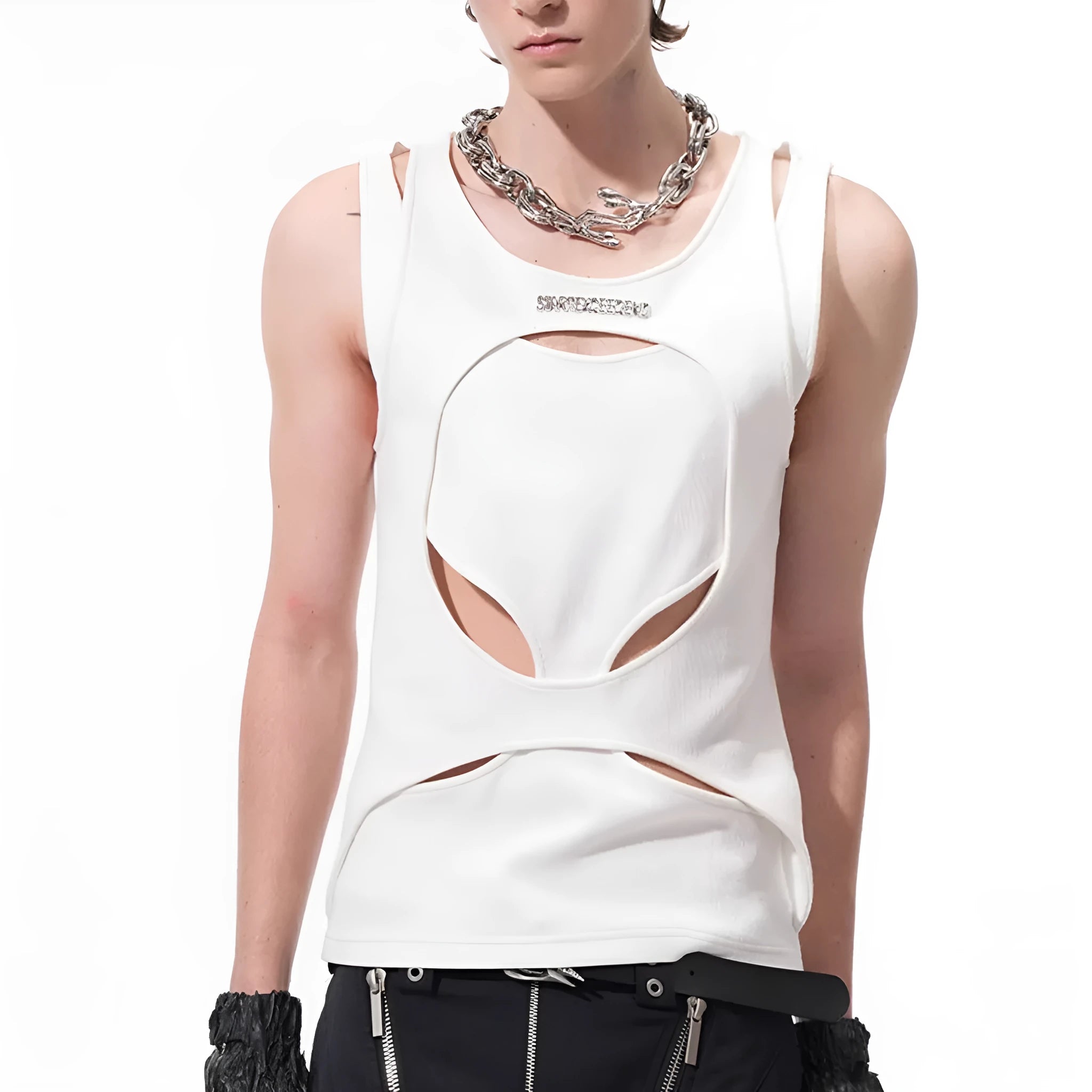 Men's black sleeveless waistcoat vest with hollow knit summer cooling design