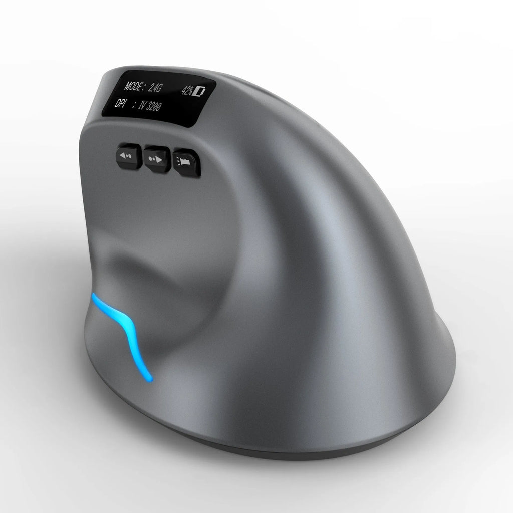 Grey Bluetooth vertical ergonomic mouse with a built-in display, shown from a side angle.