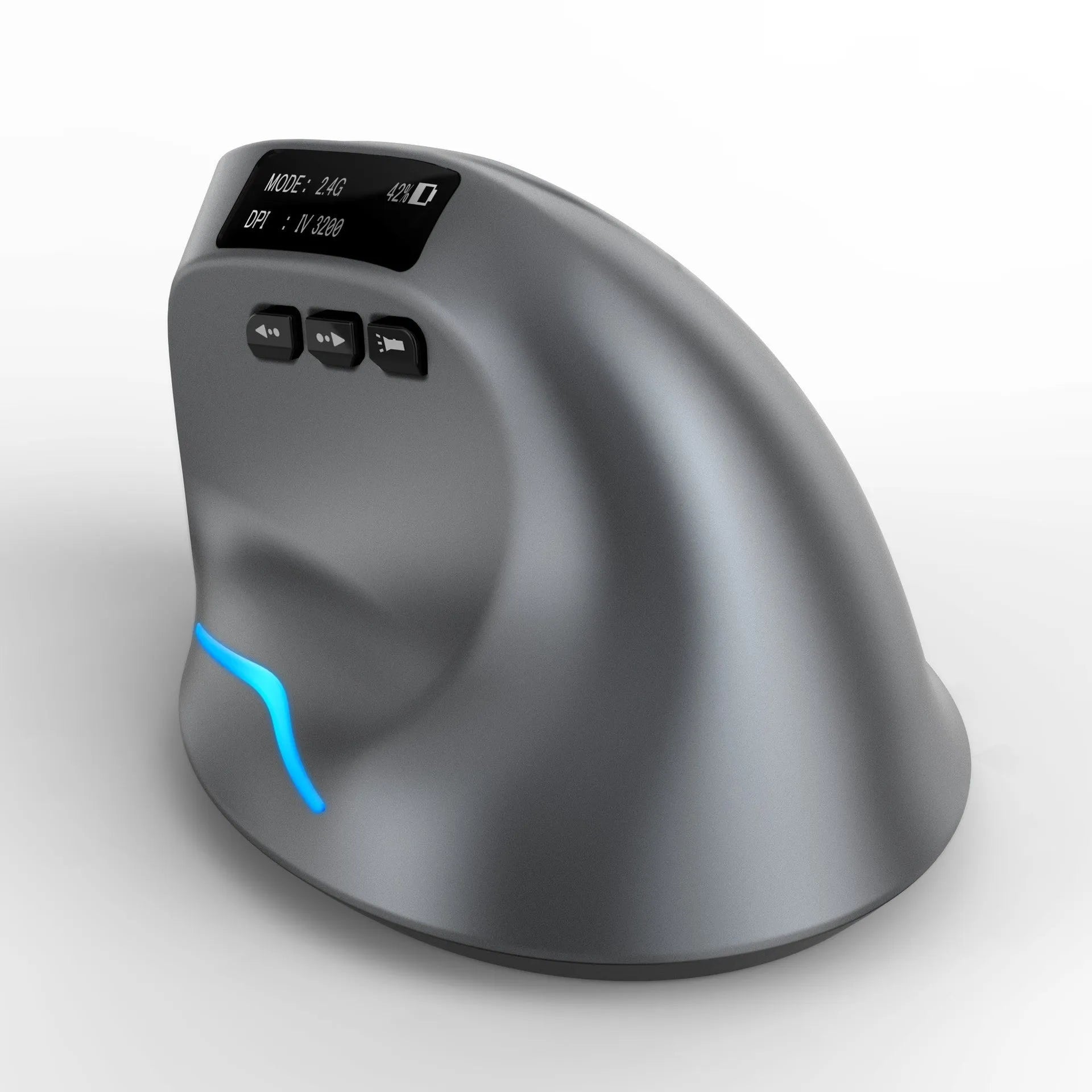 Grey Bluetooth vertical ergonomic mouse with a built-in display, shown from a side angle.