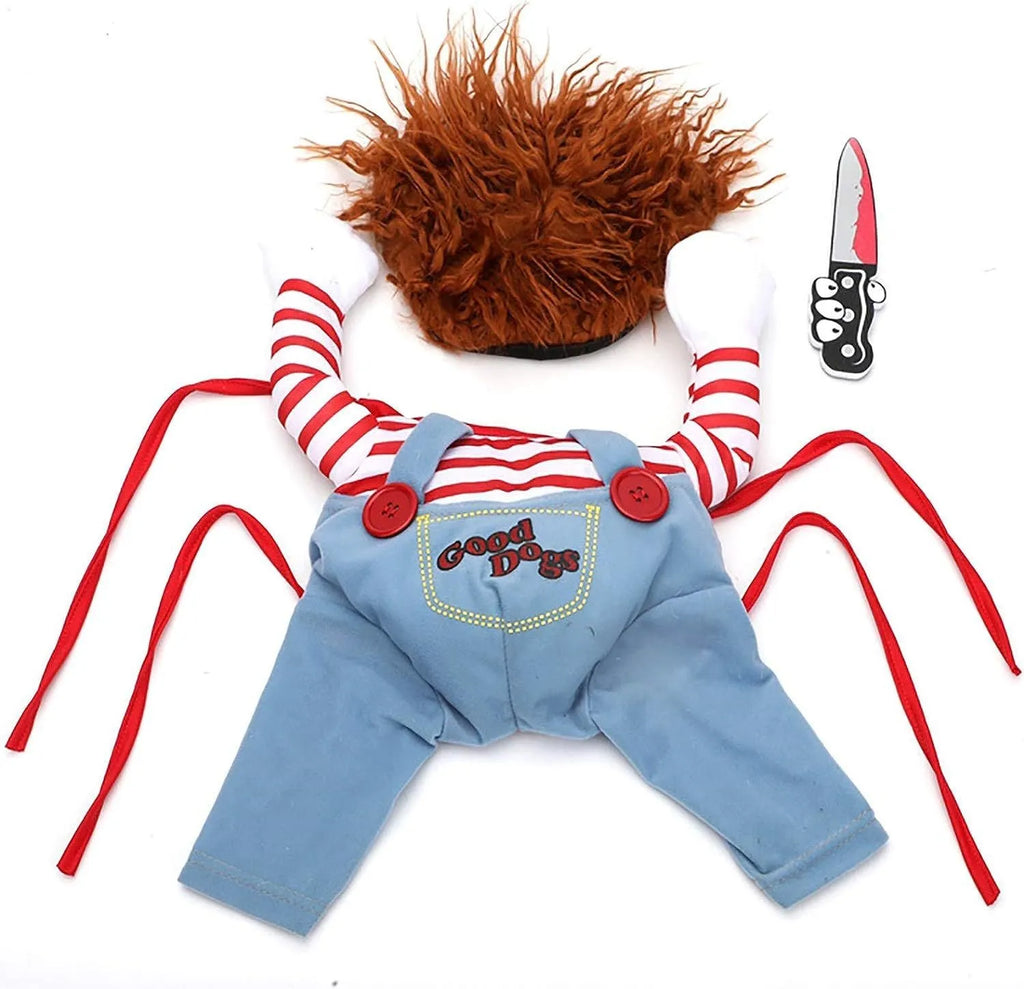 Striped Halloween dog costume with knife accessory in 3-piece set for pets