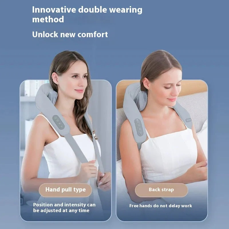 Grey elastic fabric neck and back massager with infrared physiotherapy function and USB charging port
