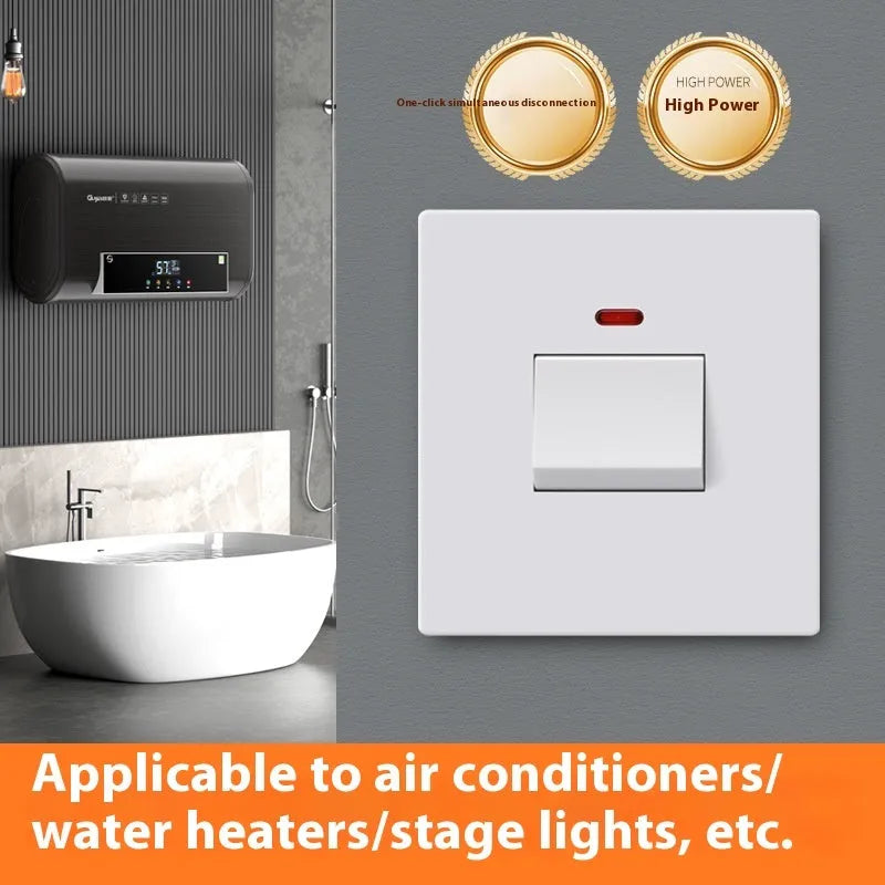 High current double break switch with illuminated panel for water heaters, in gold, grey, or white
