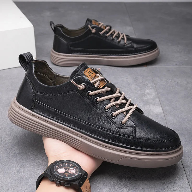 Men's brown waterproof casual sneakers with flat heel and faux leather lining