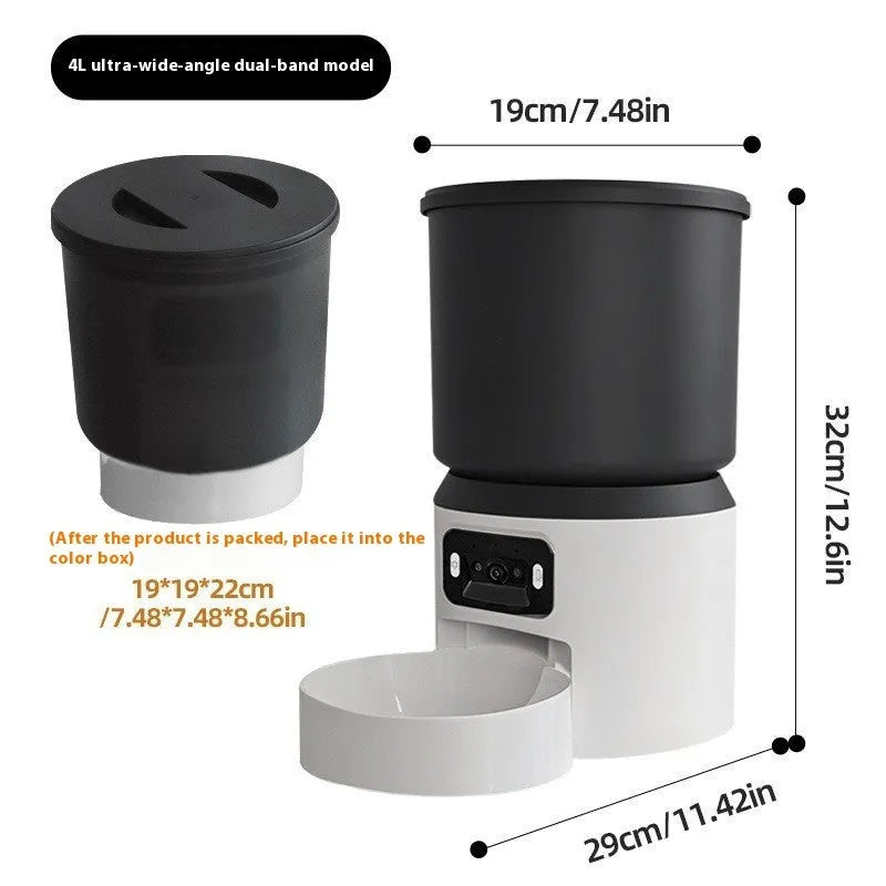 4-litre smart pet feeder with control panel, showing optional stainless steel bowl and camera unit.
