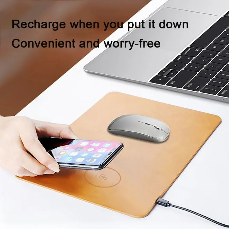 Brown leather wireless charging mouse pad with Micro USB port for Qi-compatible device charging